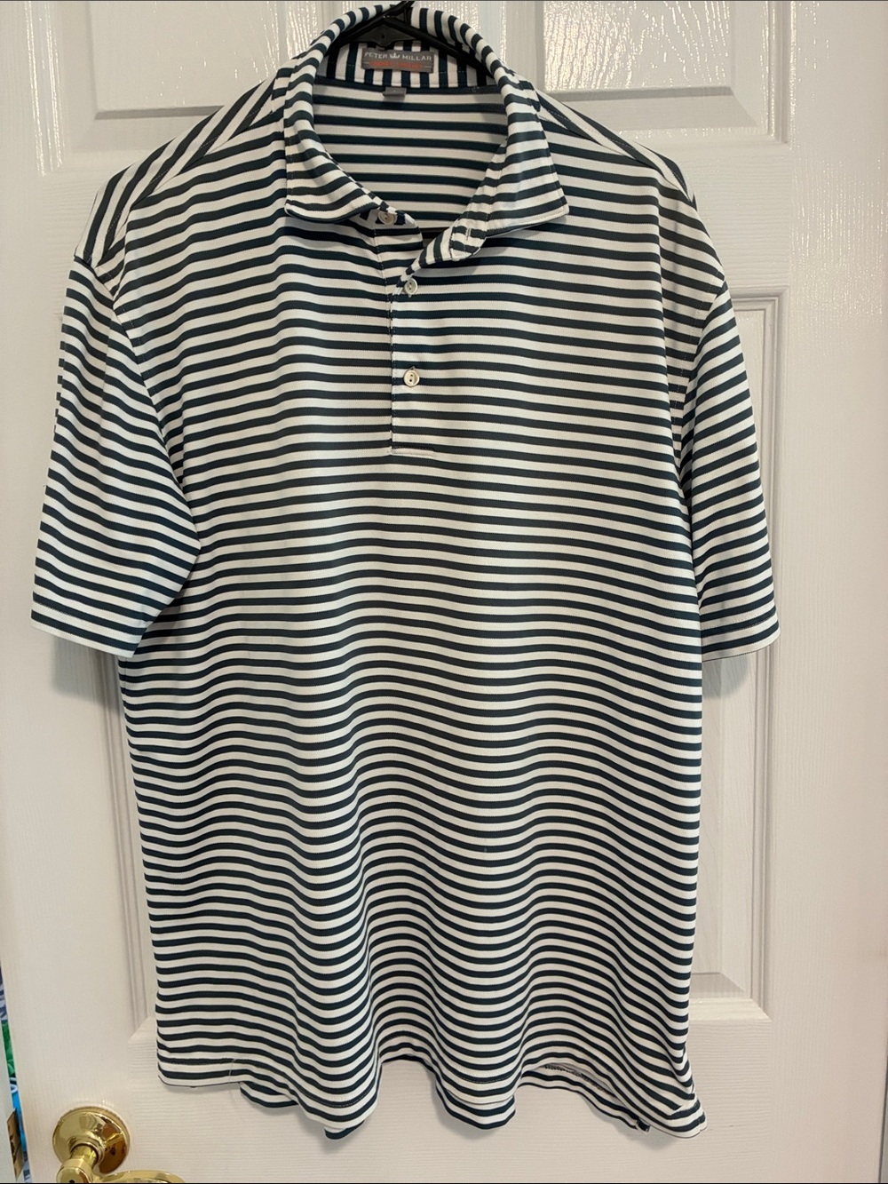 Peter Millar Navy & White Striped Polo- Fine knit polo with textured pique weave